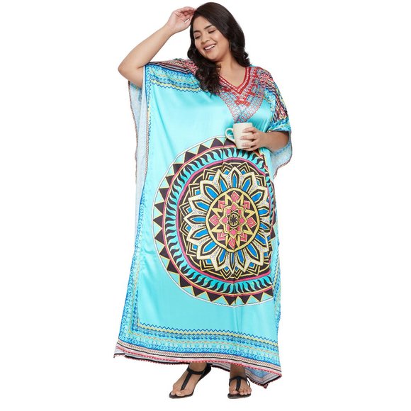 Women Plus Size Turquoise Satin Kaftan Maxi Dress Long Caftan by Gypsie Blu - Picture 7 of 8